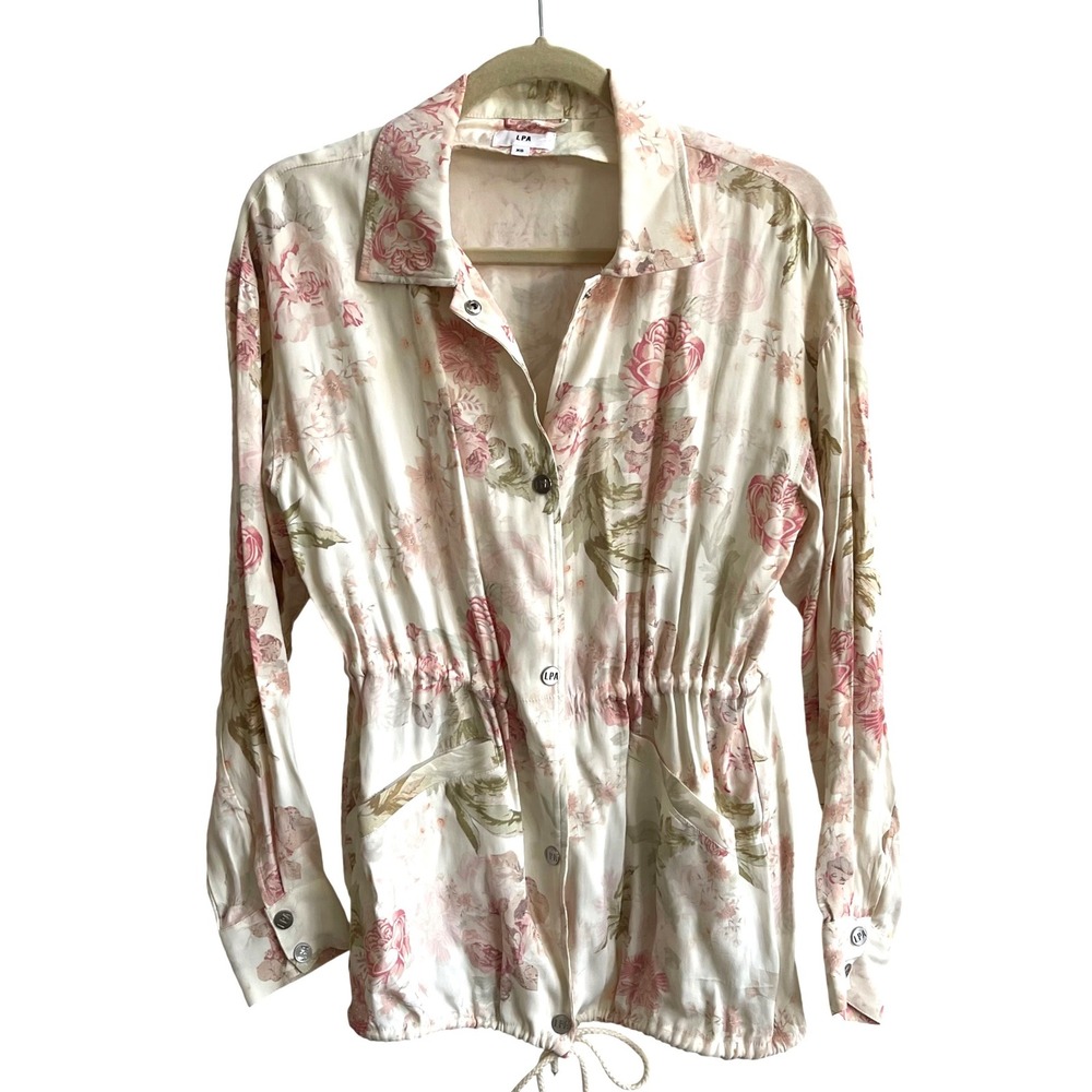 LPA Floral Cinched Waist Blouse Jacket XS‎ Cream Pink Romantic Cottagecore